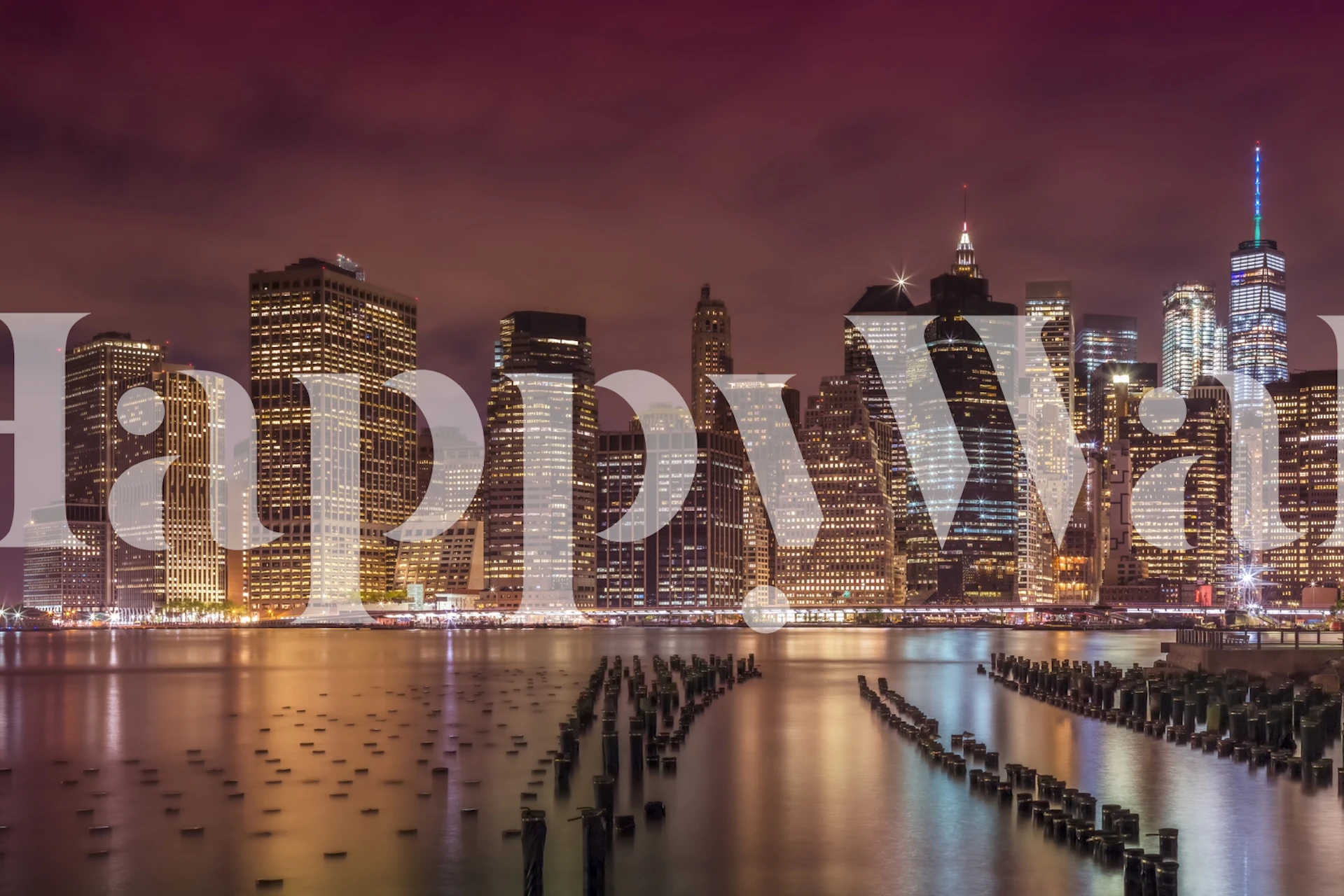 City skyline at night reflecting on water, purple and golden tones wallpaper