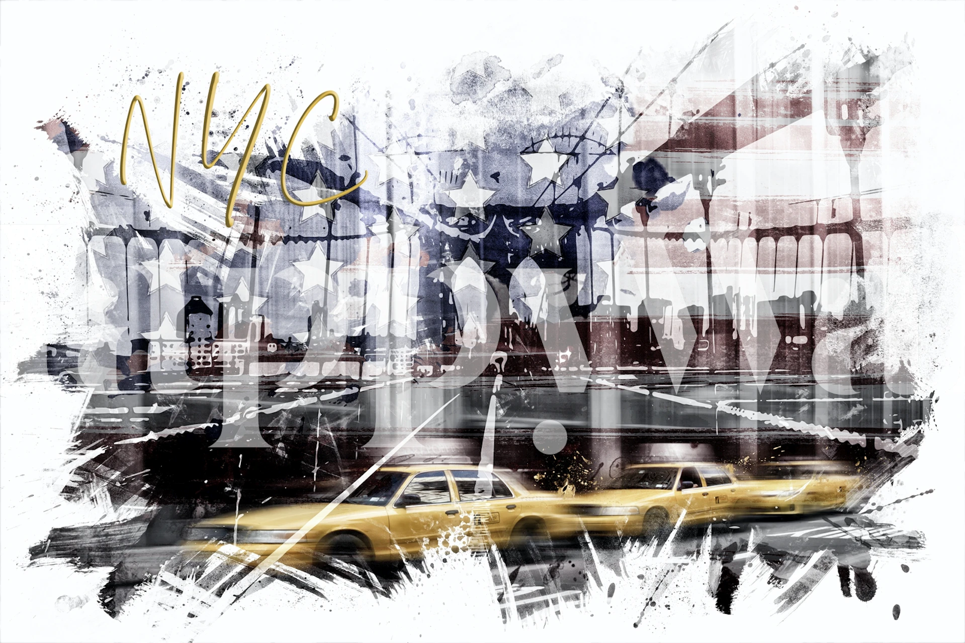 Abstrakt New York City-skyline-veggmaleri med kunstneriske sprut og gule taxihøydepunkter
