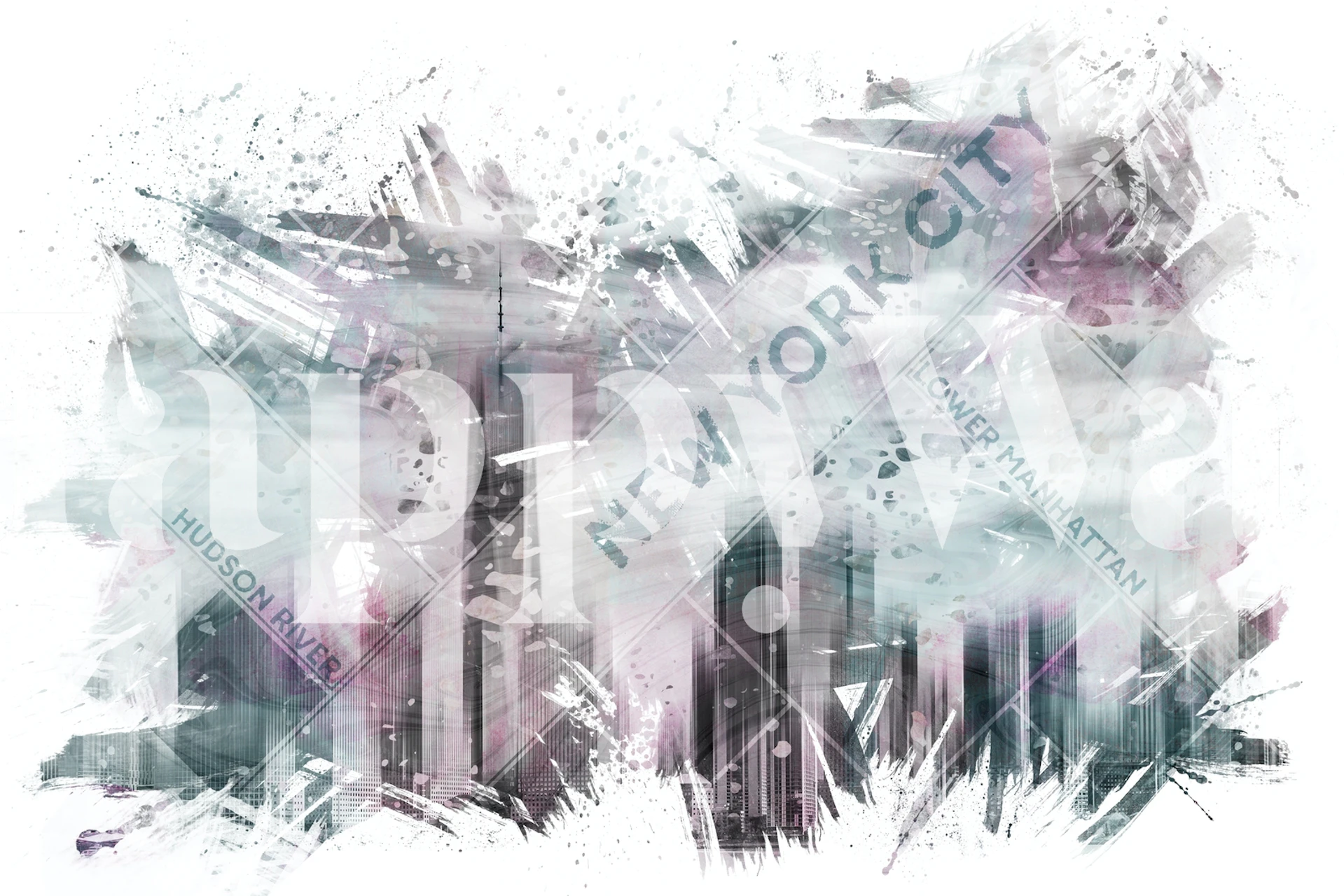 Abstrakte moderne Kunstdarstellung der Skyline von Lower Manhattan mit kühlen Blau- und Rauchgrautönen.