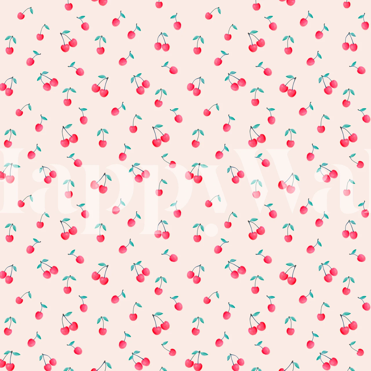 Cherry fruit pattern with green leaves on a light pink background wallpaper
