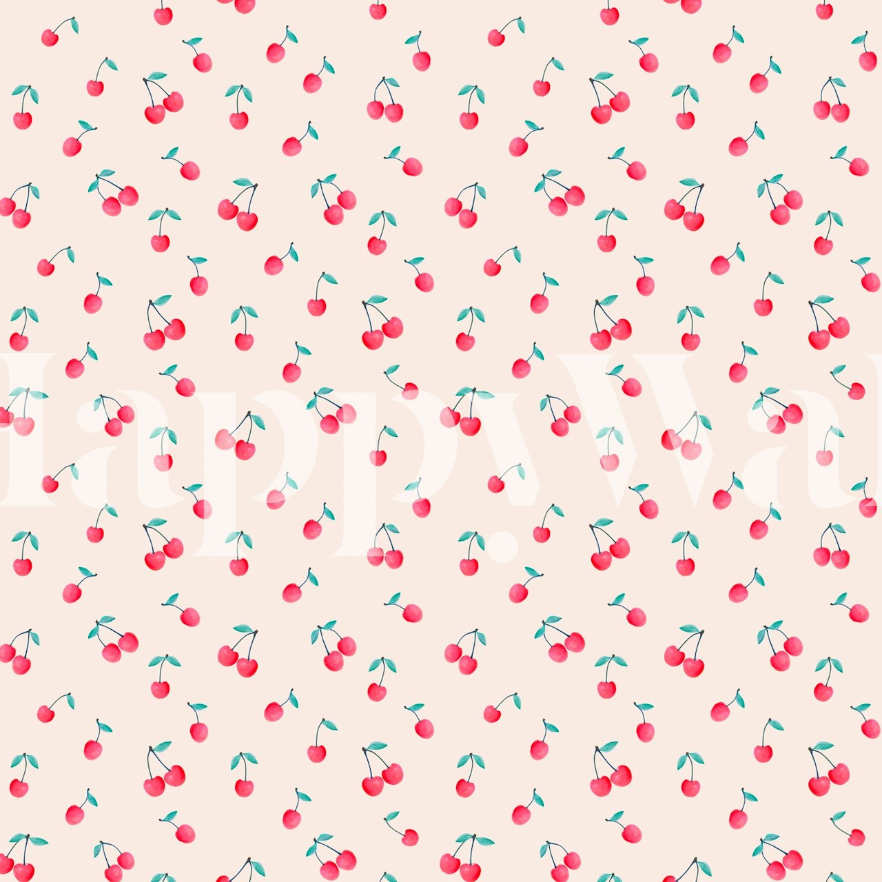 Cherry fruit pattern with green leaves on a light pink background wallpaper