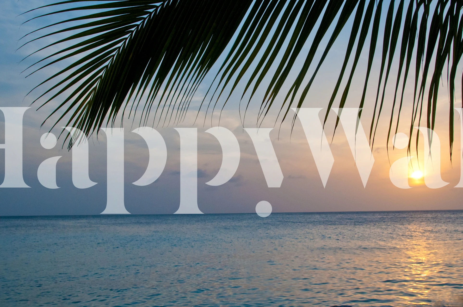 Sunset over ocean with palm leaves, orange and blue gradient wallpaper