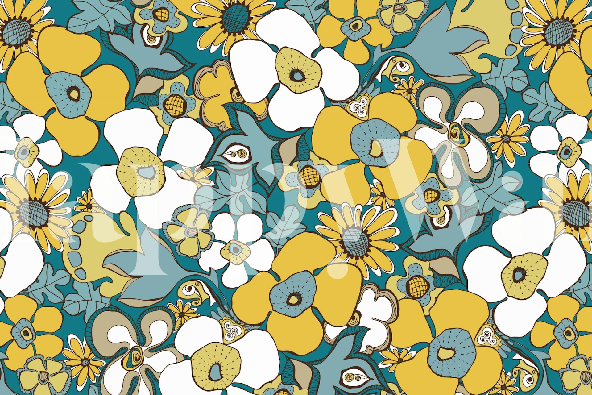 Teal and mustard floral pattern wallpaper featuring flowers and leaves.