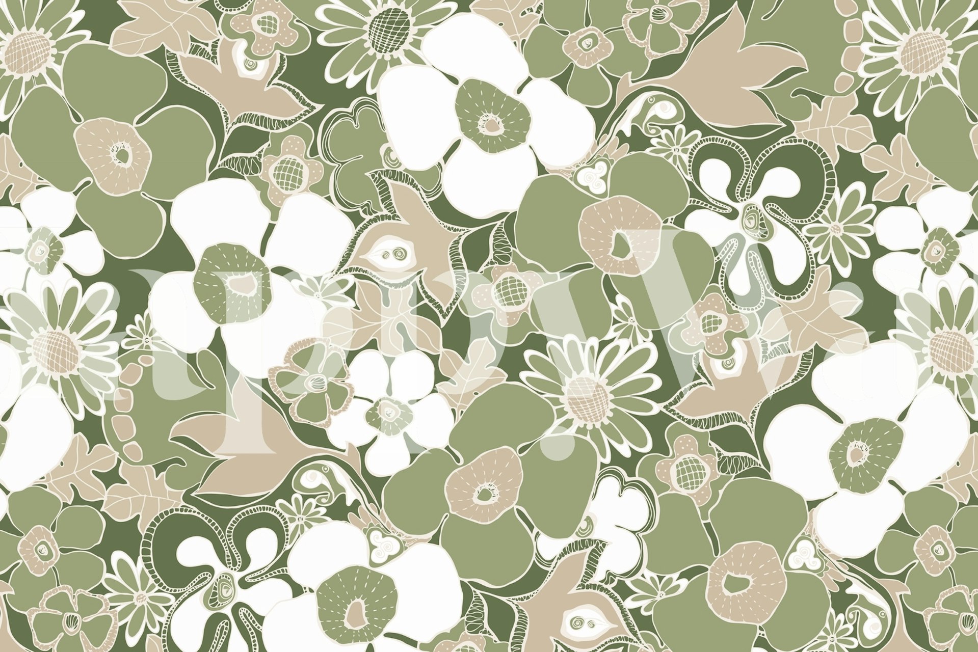 Floral Doodles in Green Beige tapet i et rumindstilling