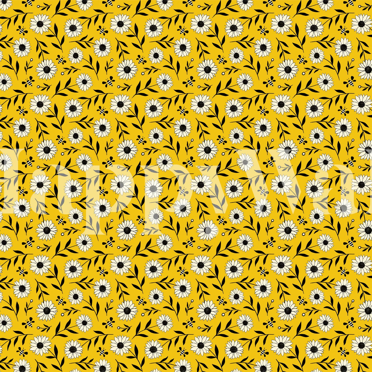 Sunflower and bee wallpaper in a room