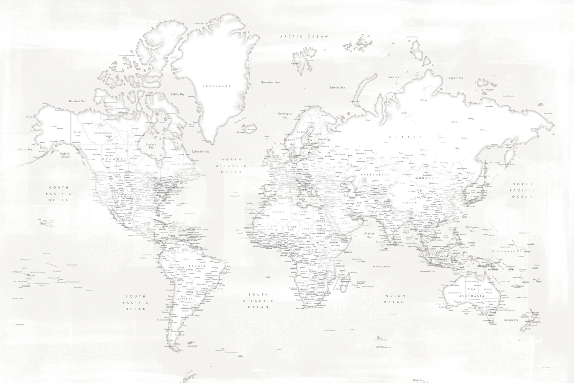 Detailed world map in white with labeled countries wallpaper