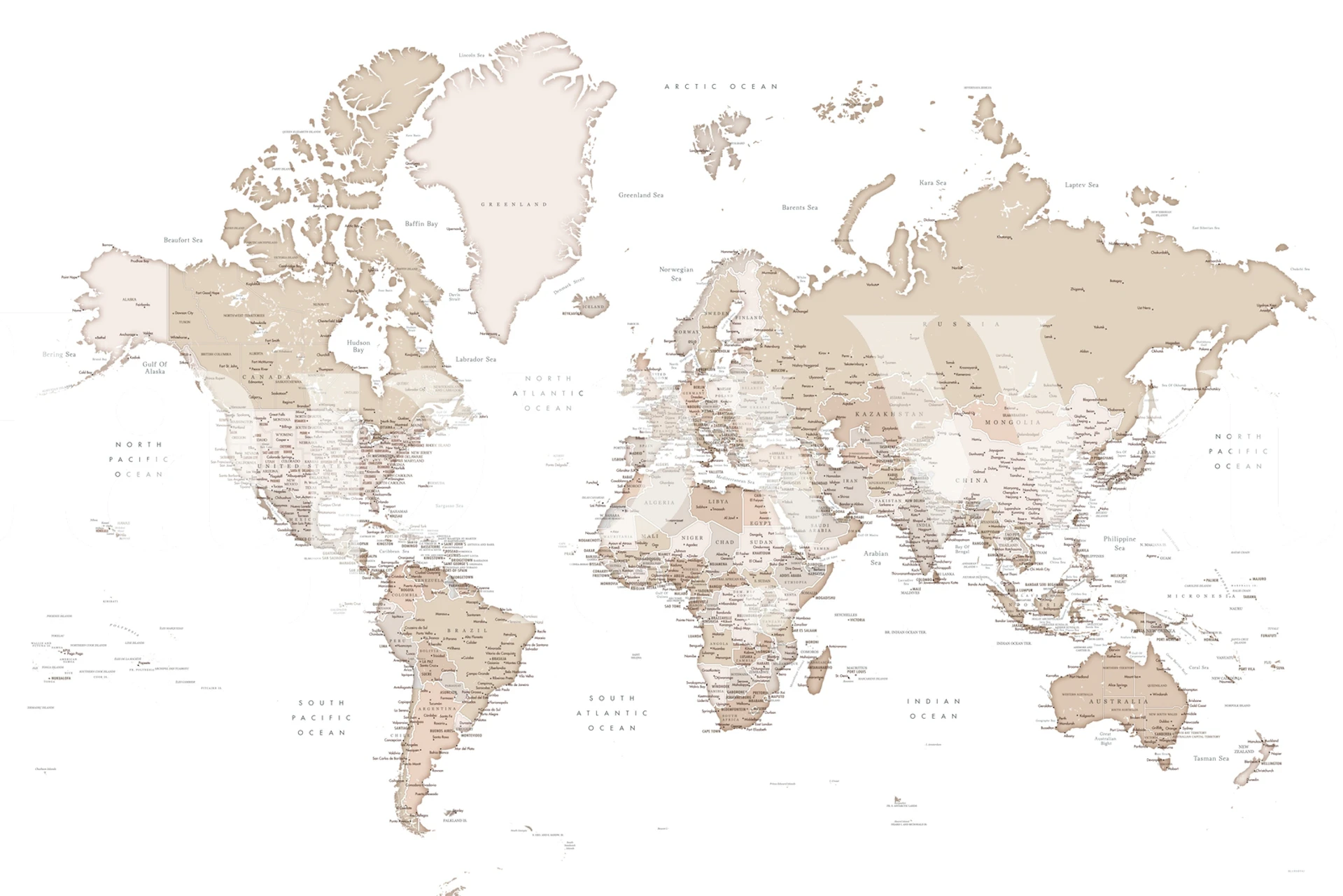 World map in beige tones wallpaper showing geography and labels.