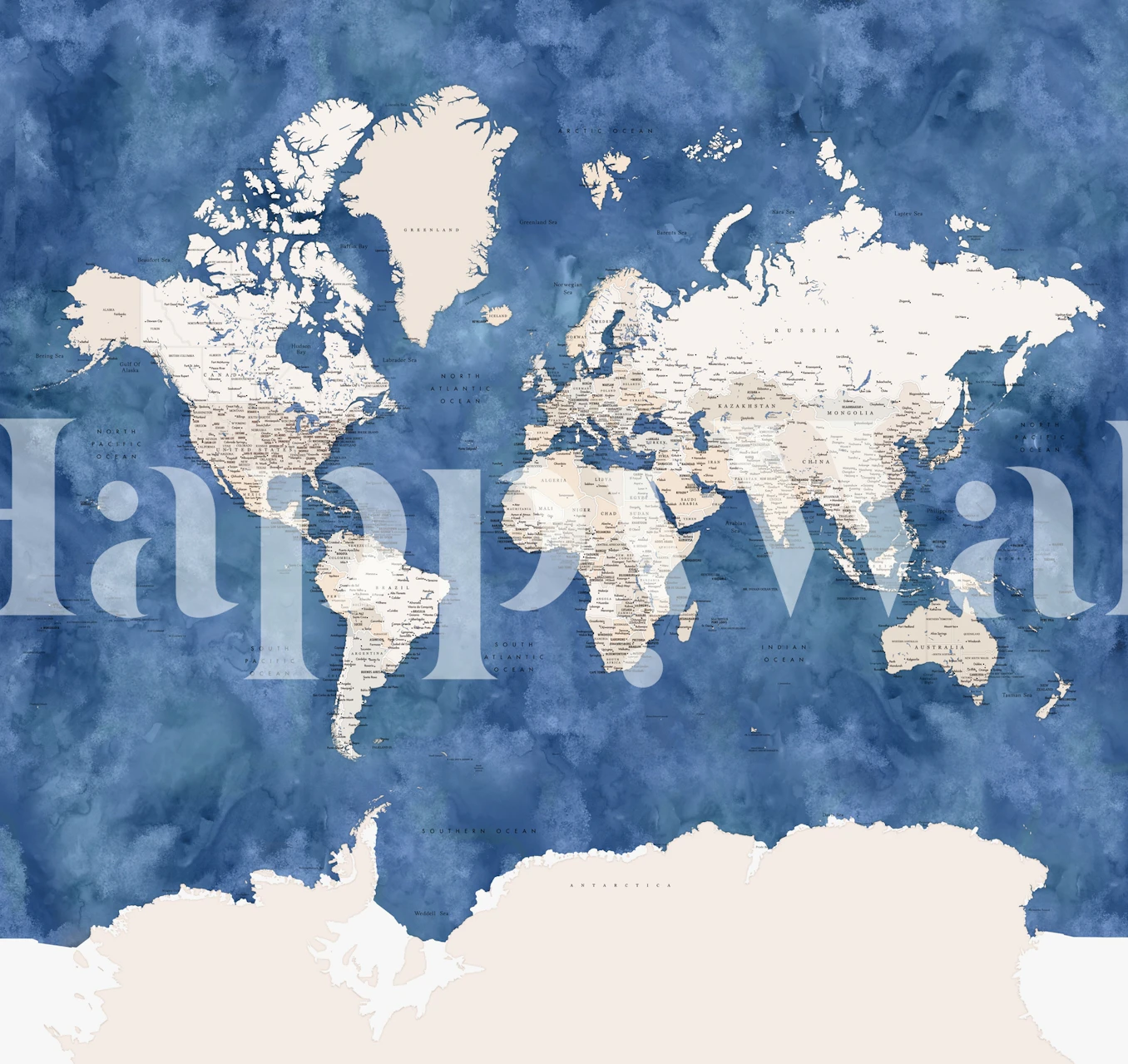 Etelämanner-keskeinen maailmankartan seinämaalaus valkoisen ja sinisen sävyissä