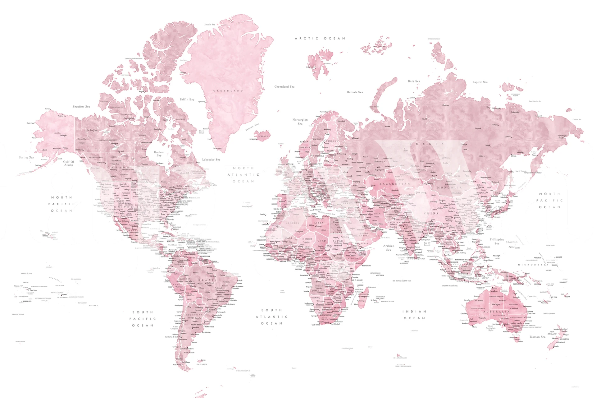 Detailed world map in pink tones wall mural