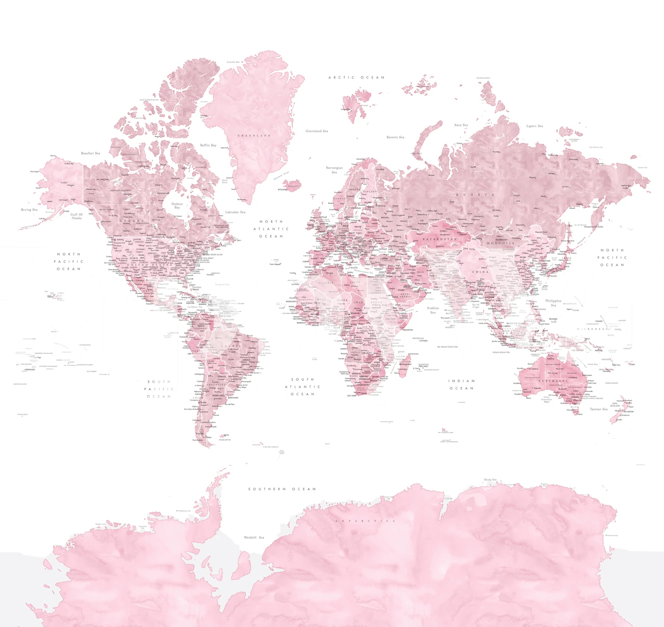 Carte du monde avec décoration murale détaillée de l'Antarctique dans des teintes douces