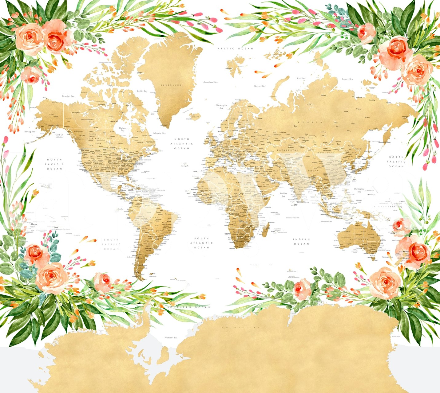 Floral map wallpaper featuring Antarctica