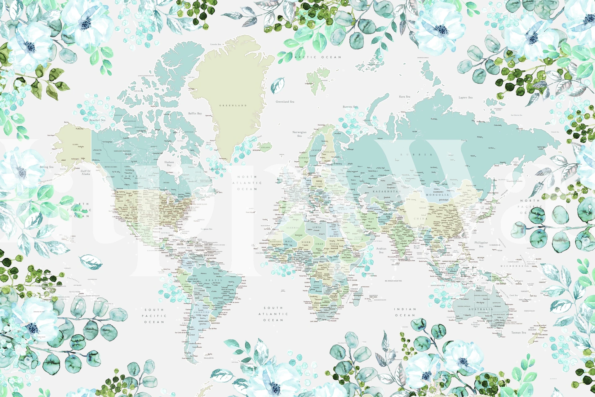 Floral world map design in light blue and green wallpaper