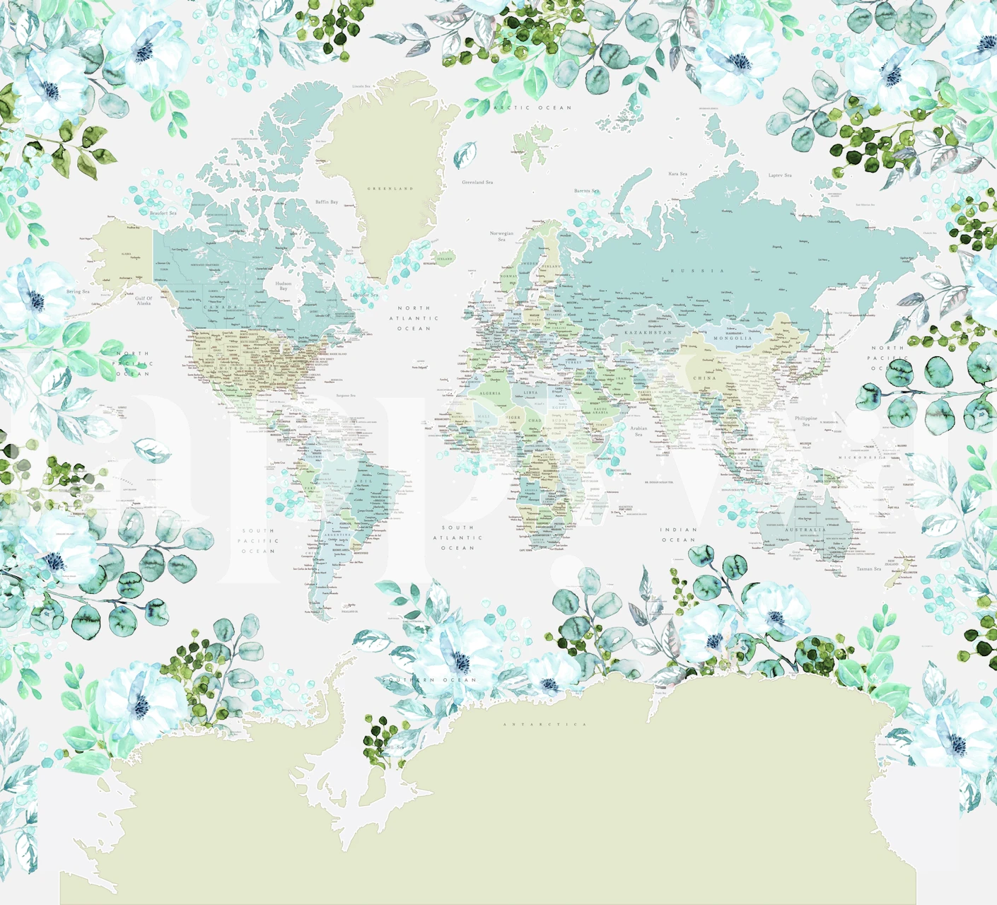 Artistic world map wall mural with floral patterns highlighting Antarctica