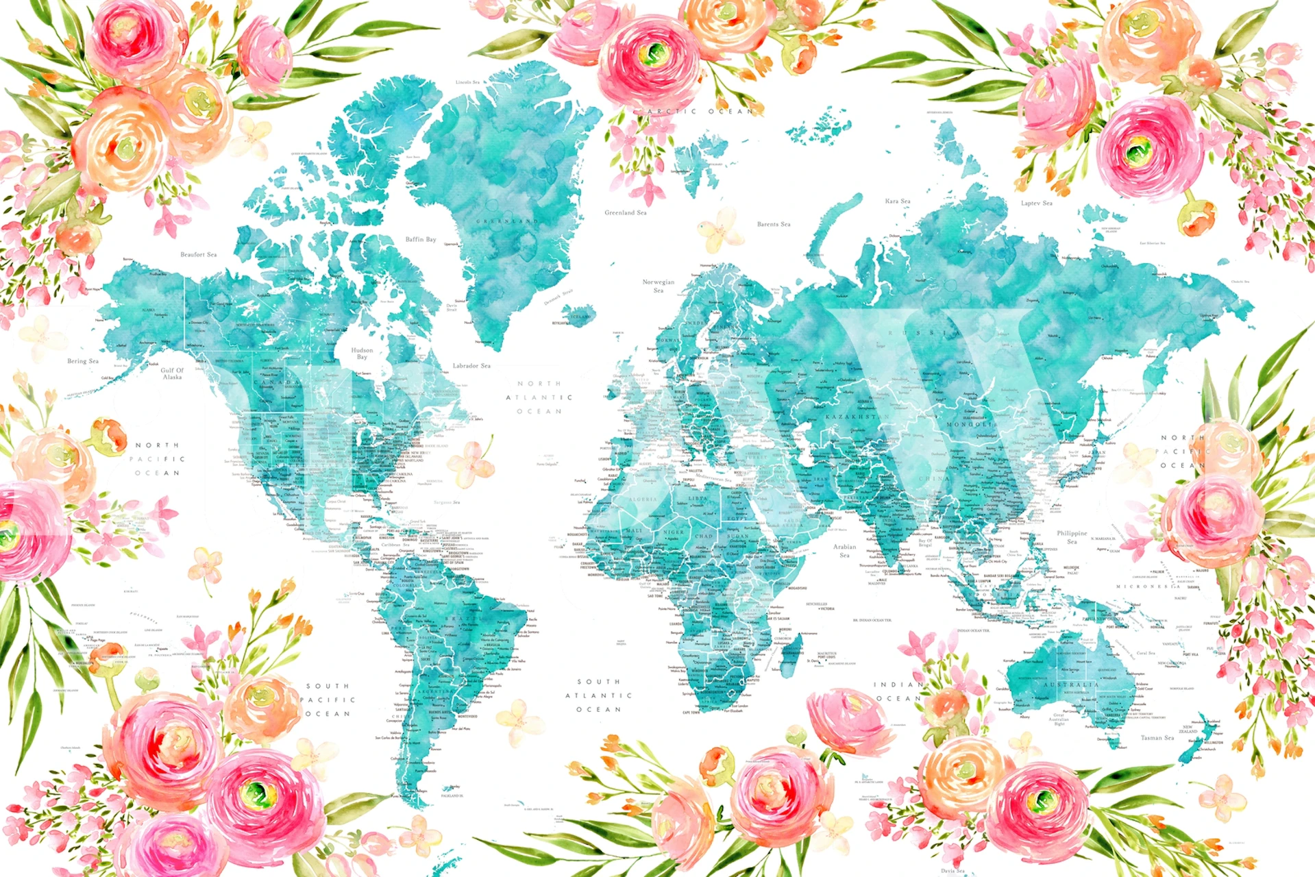 Floral world map with turquoise oceans and pink flowers wallpaper