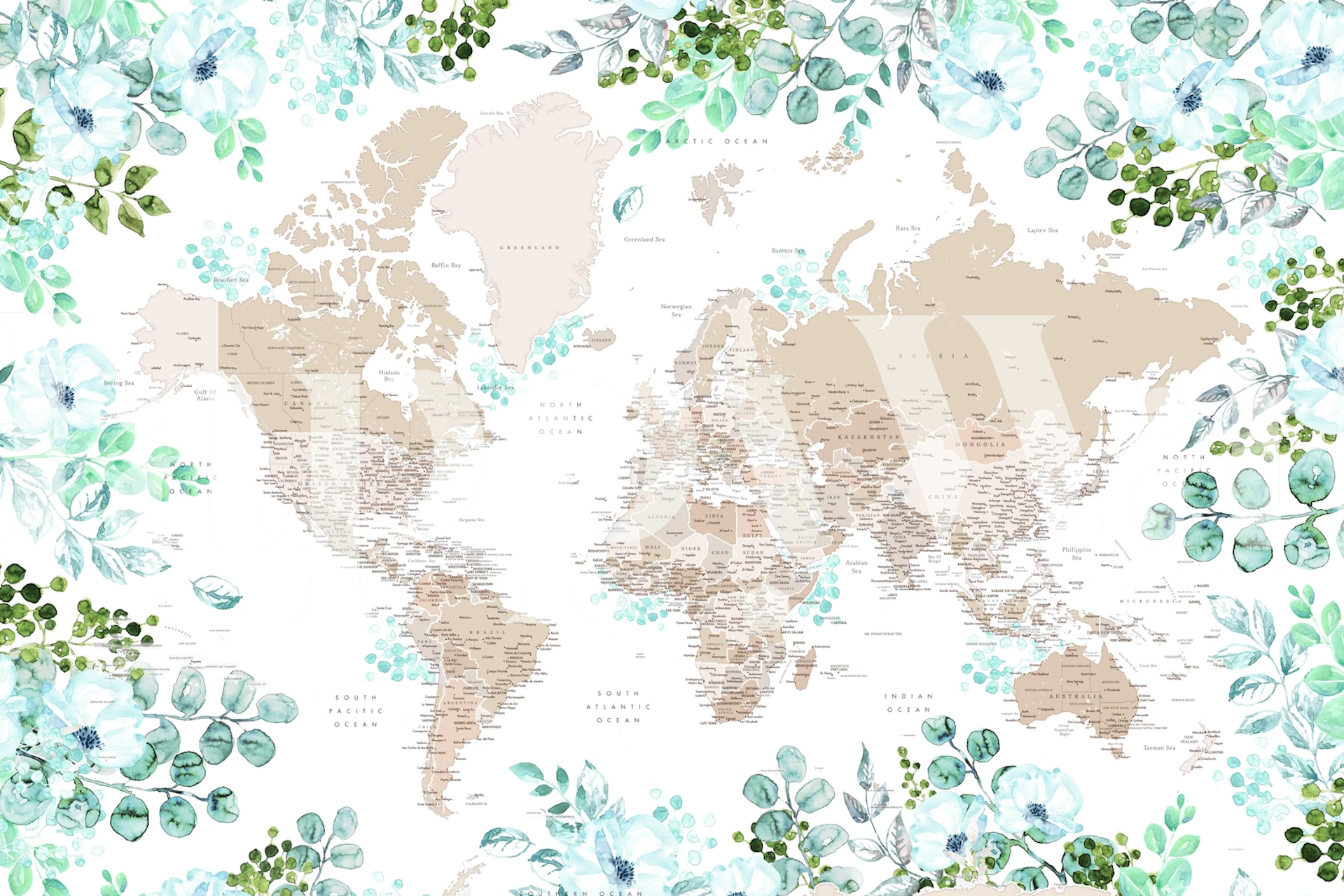 Papier peint carte du monde détaillée avec accents floraux