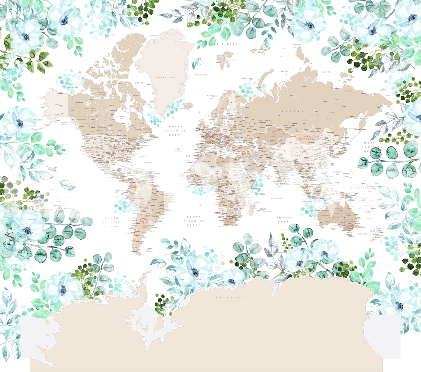 World map wallpaper with floral accents