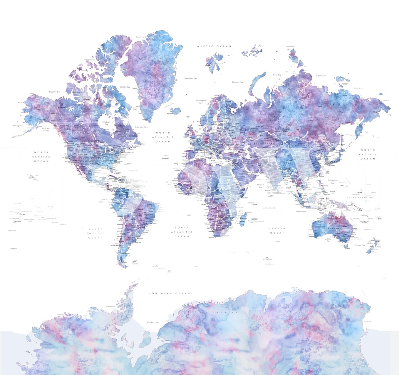 World Map Raul Antarctica wall mural with purple and blue hues