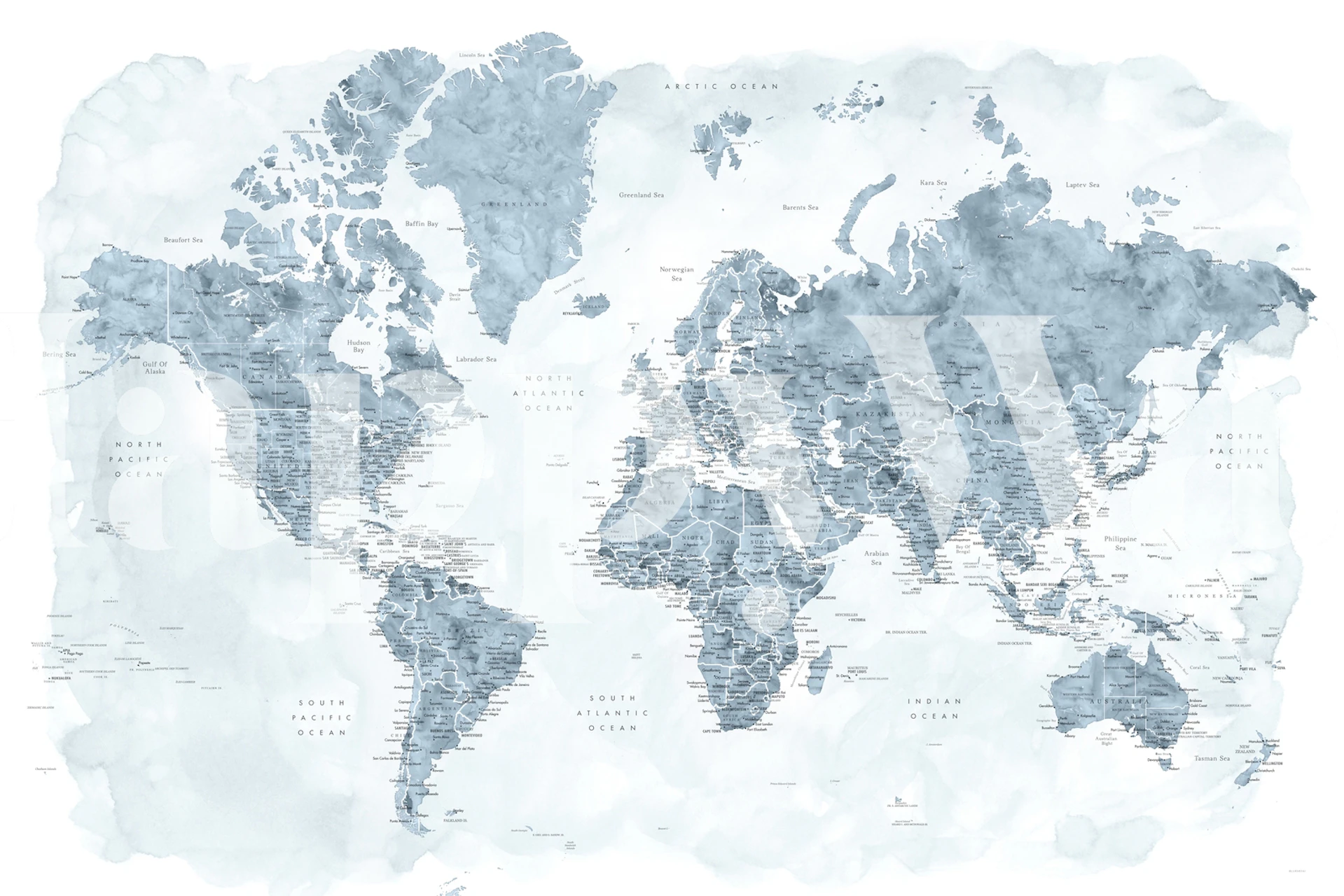 Watercolor world map in blue shades wallpaper