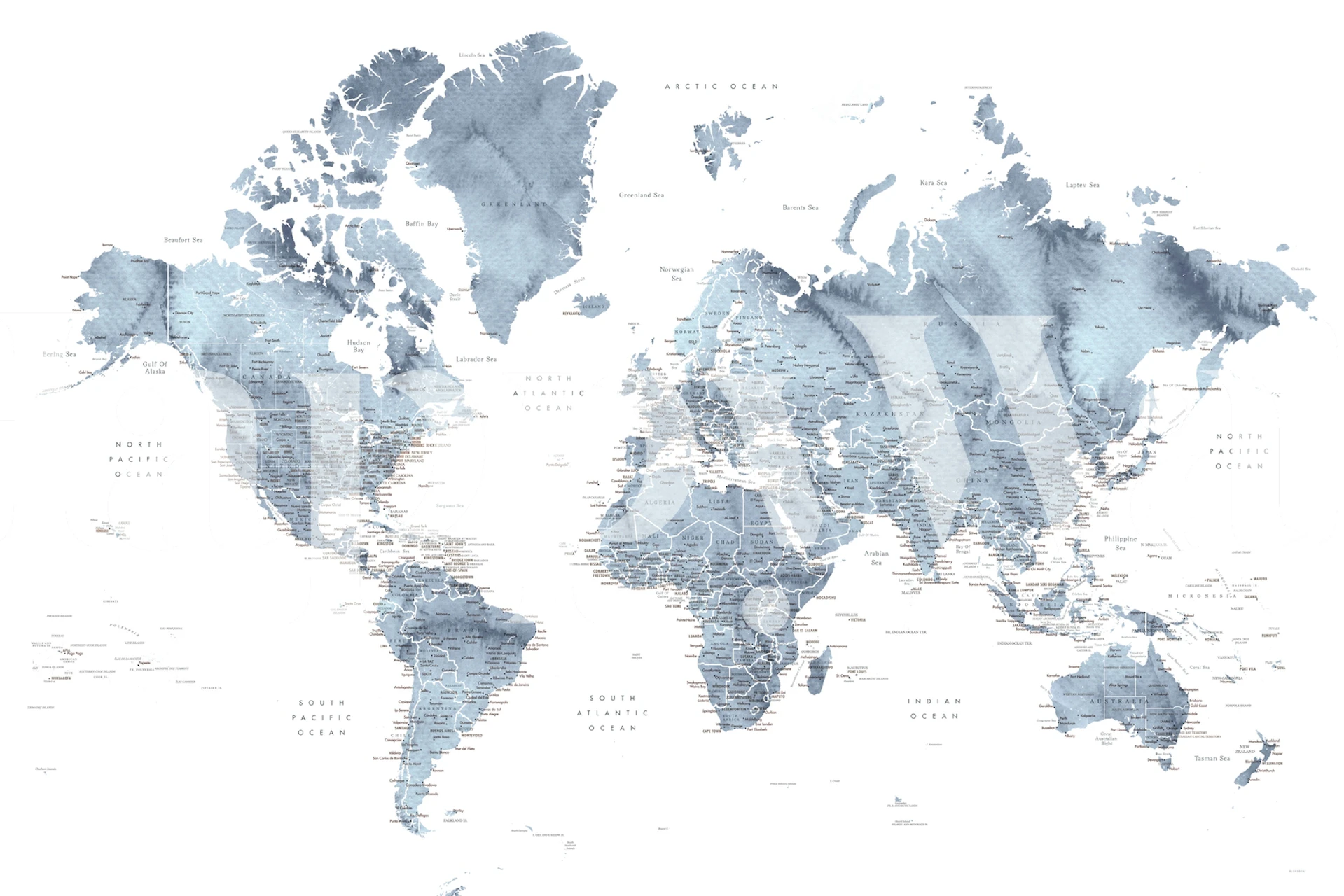 World map in blue watercolor style wallpaper