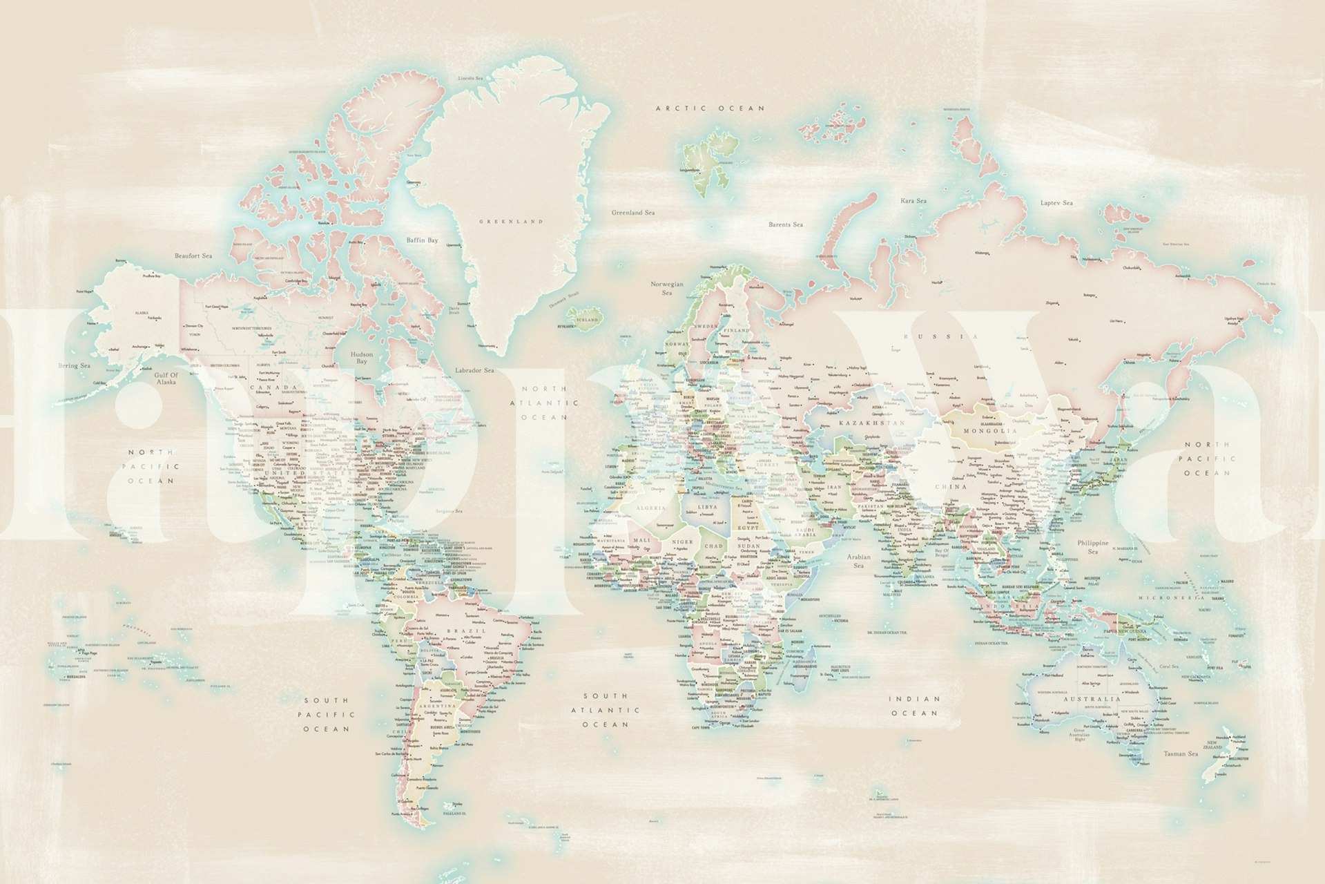 Detailed world map in soft pastel colors wallpaper