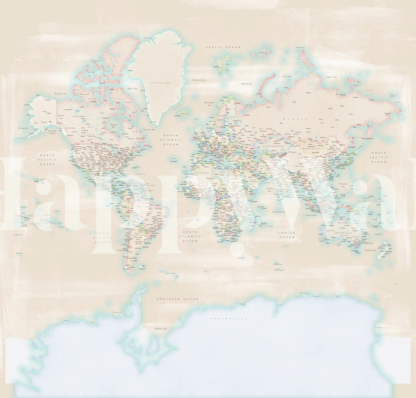 Vintage-style world map wall mural with an emphasis on Antarctica in soft pastel colors