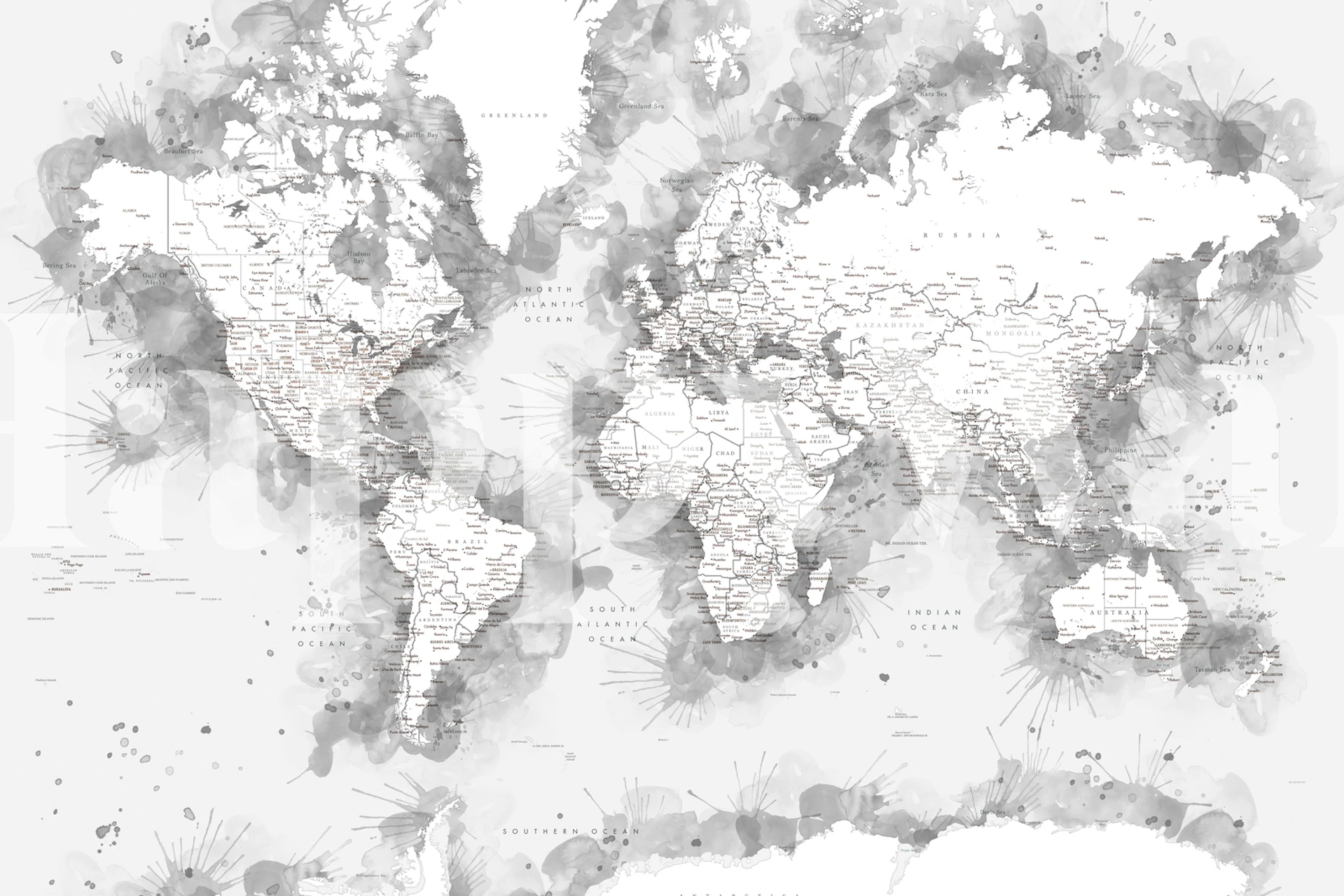 Black and white world map with detailed geographic markings wallpaper