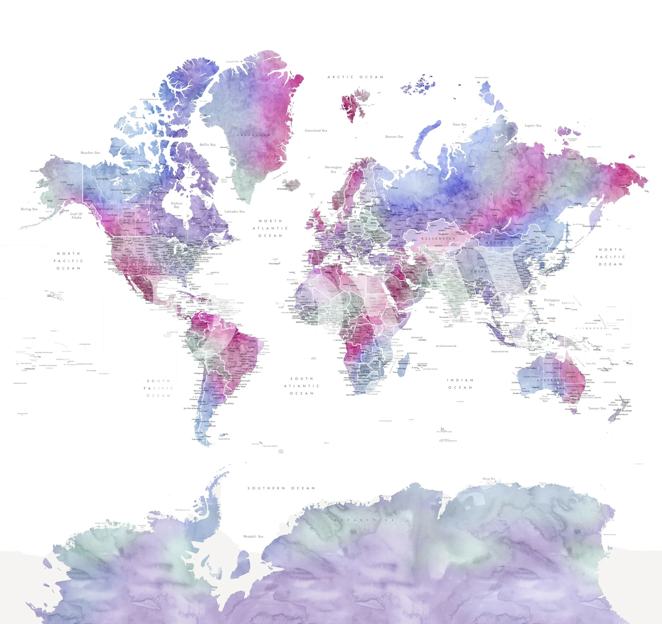 World map in watercolor style with purple, pink, and blue tones wallpaper