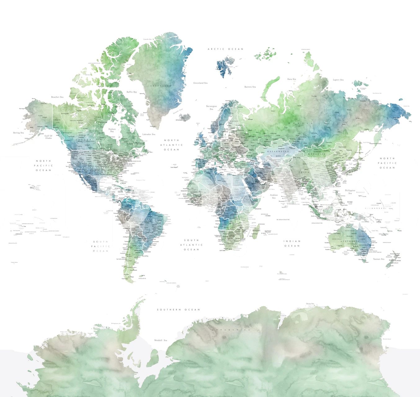 Watercolor world map wallpaper in soft green and blue hues, artistic design