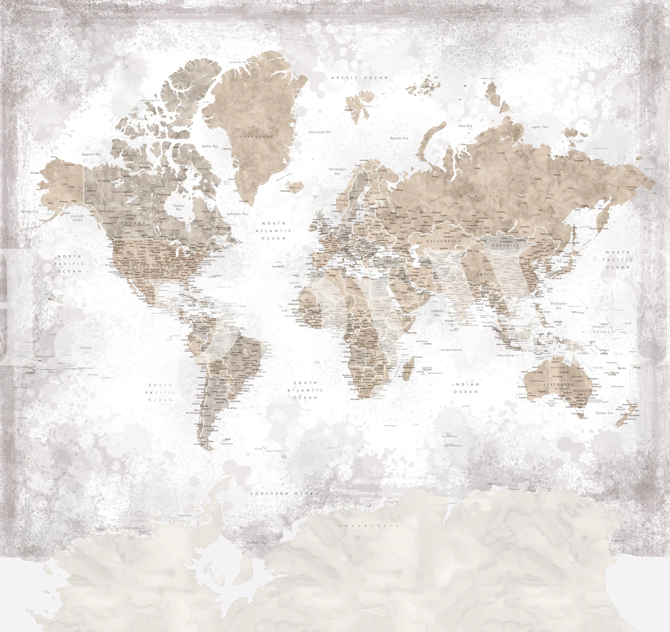Textured world map wall mural with Antarctic focus in muted tones