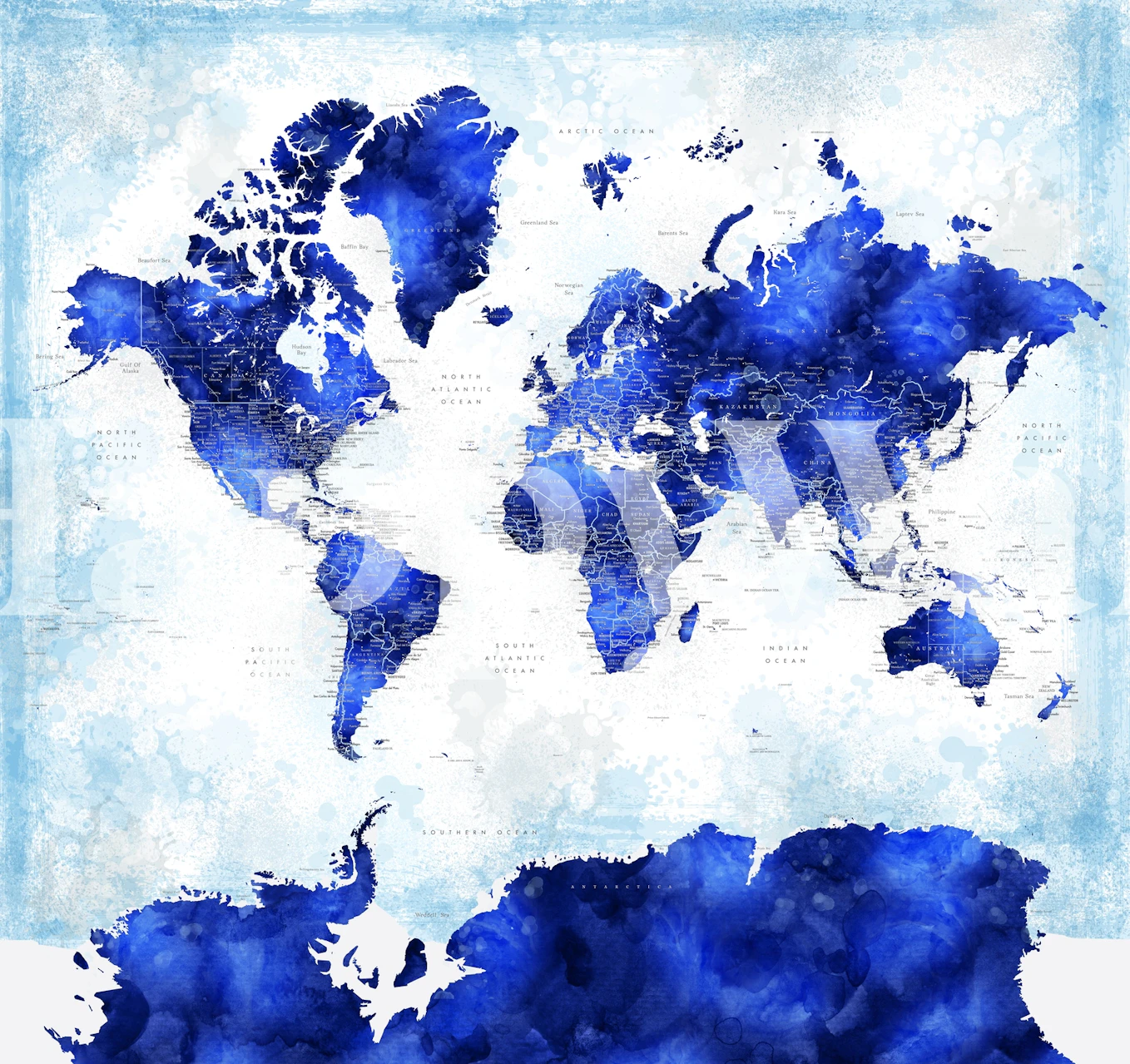 Blue watercolor world map with details and textures wallpaper