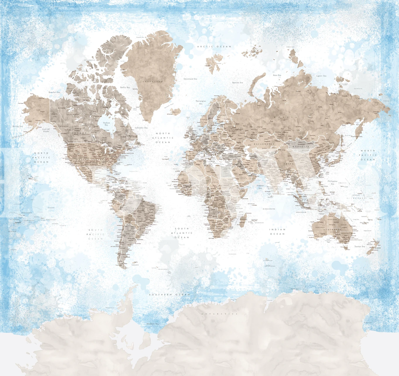 World map wallpaper with blue accents and beige continents
