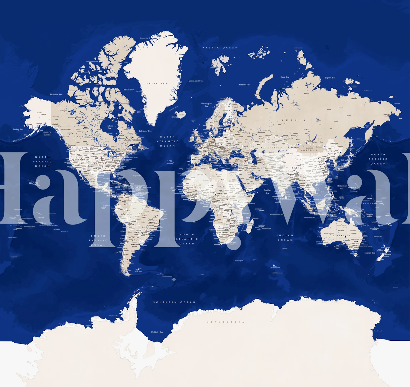 World map in navy blue and beige with geographical details wallpaper