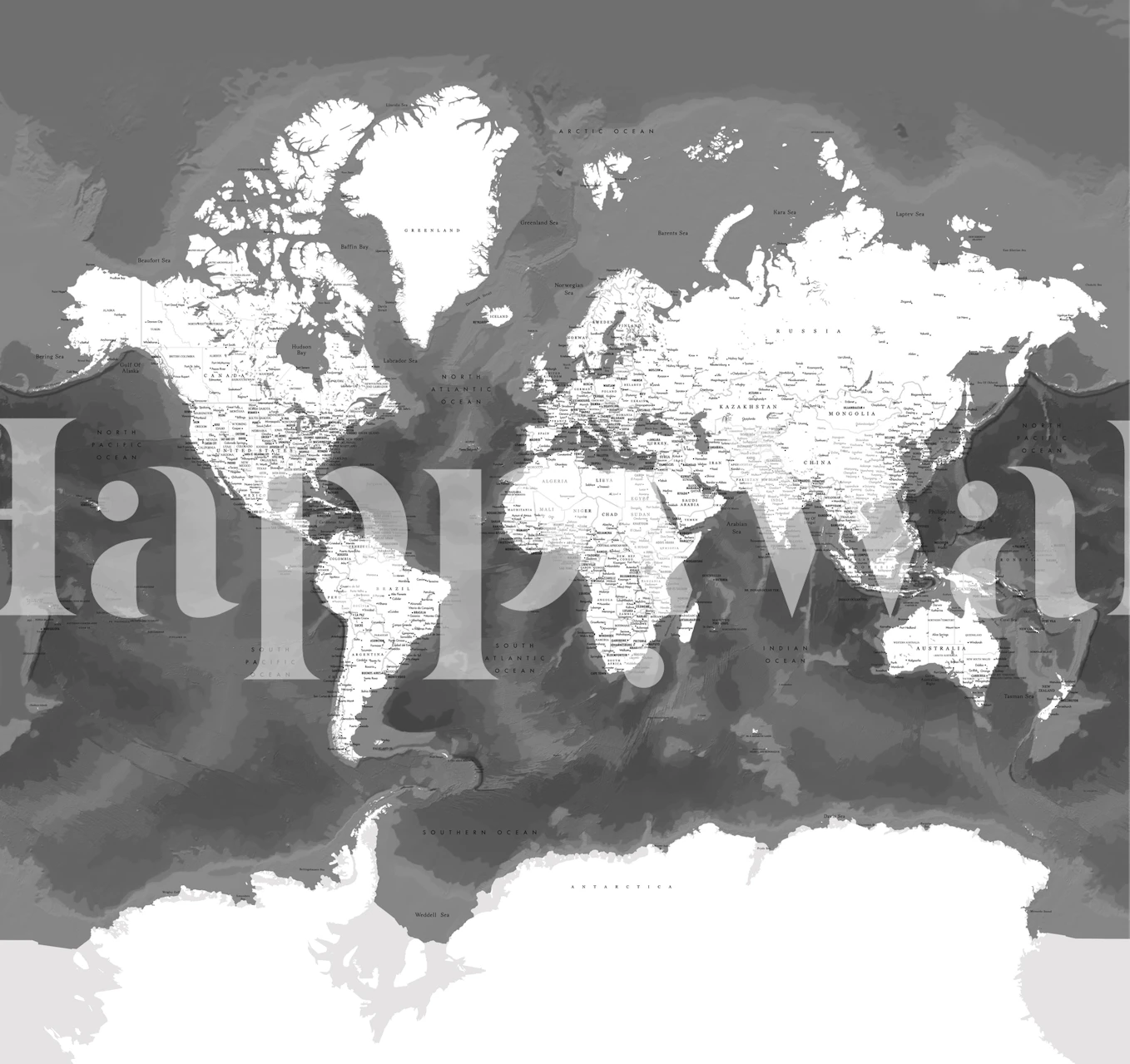 Black and white world map wallpaper with detailed geographic features and labels.
