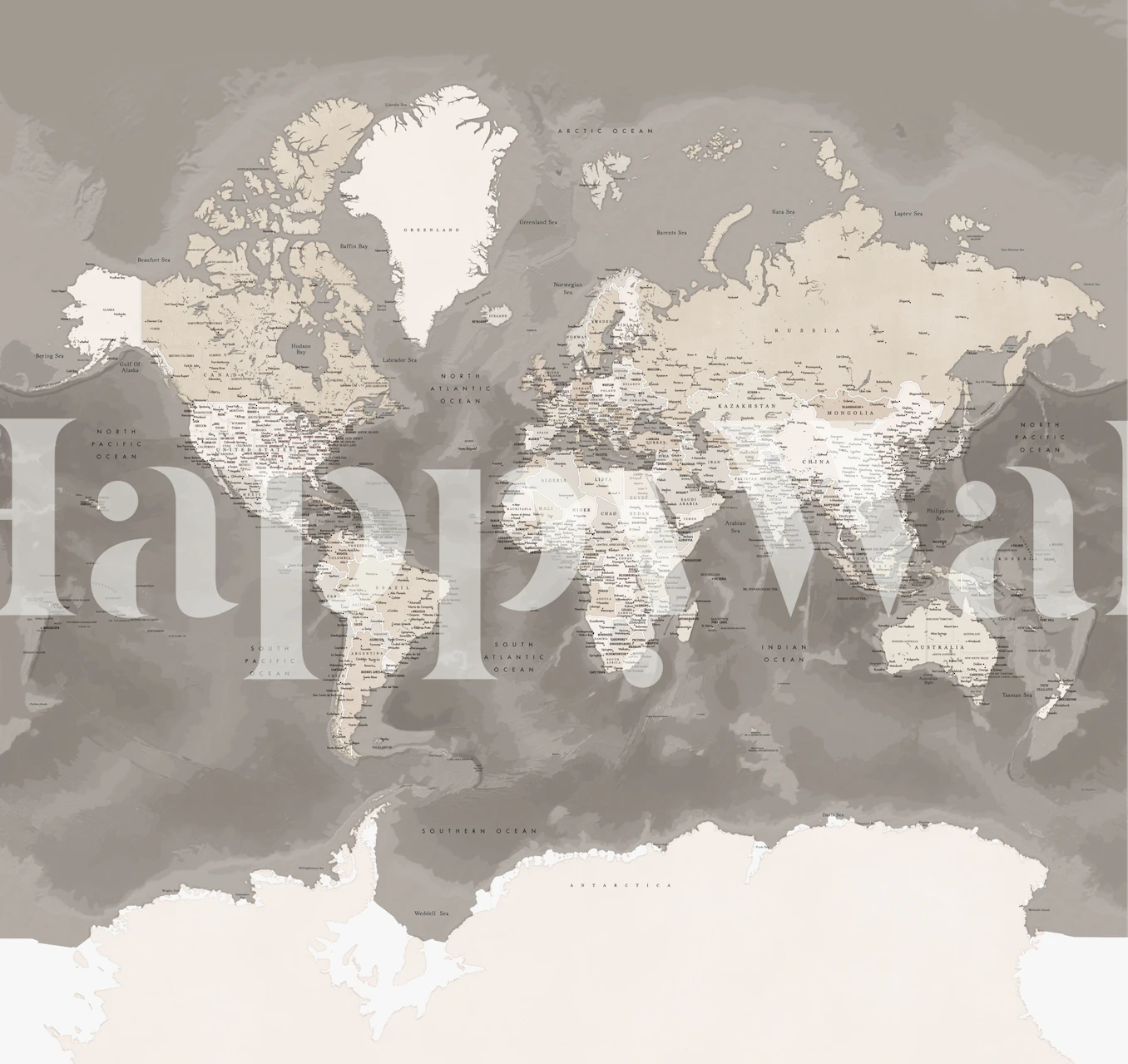 Neutral-toned world map wallpaper featuring countries and oceans
