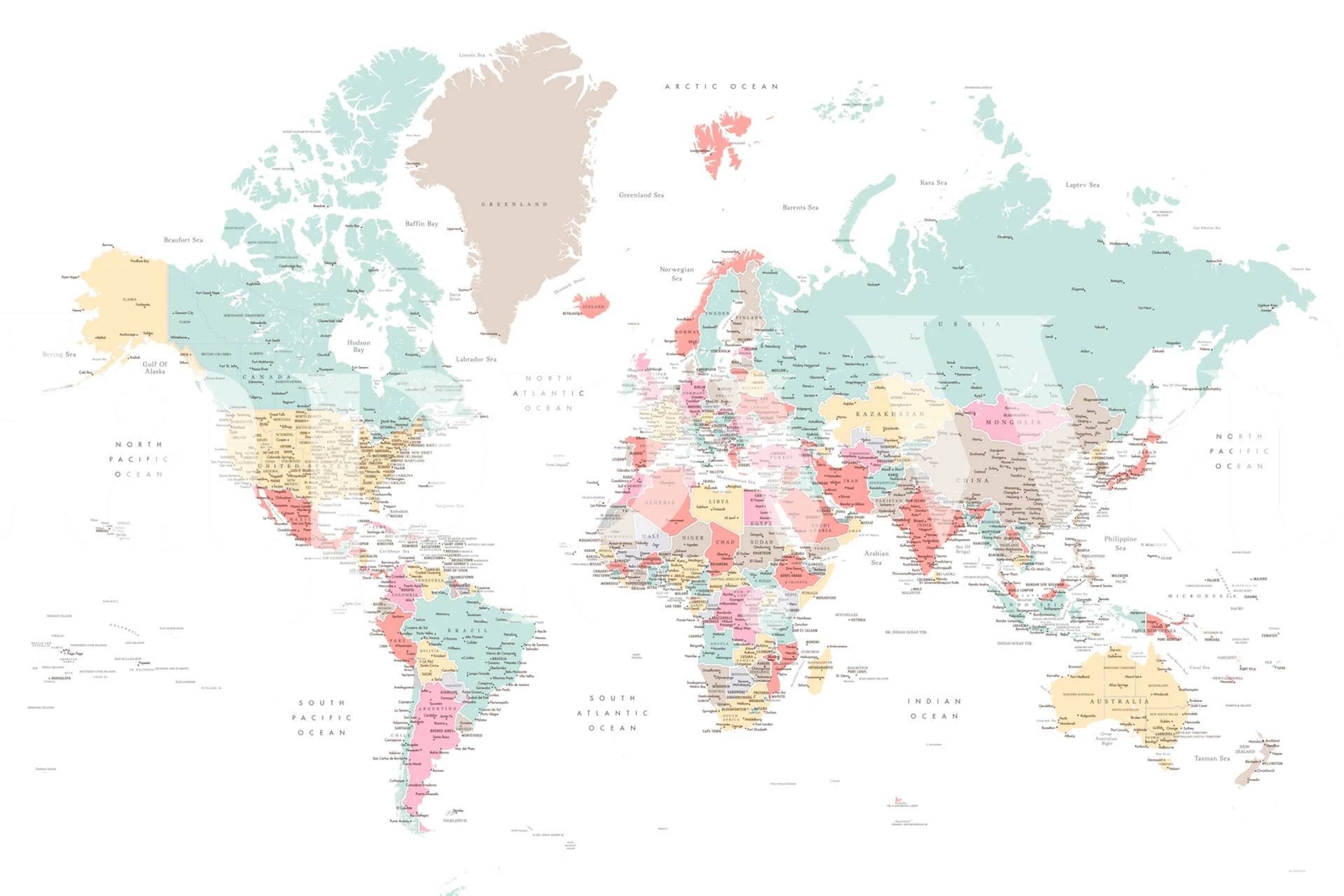 Szczegółowa mapa świata Pastella tapeta w pokoju
