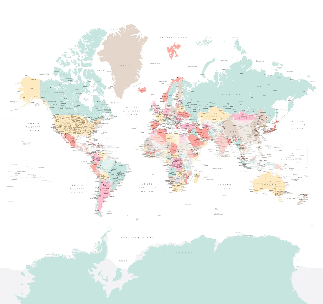 Pastel world map in soft colors and outlines wallpaper