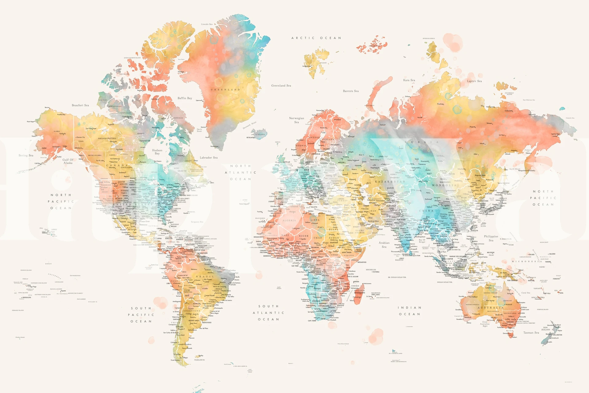Colorful and detailed world map wall mural for interior decoration