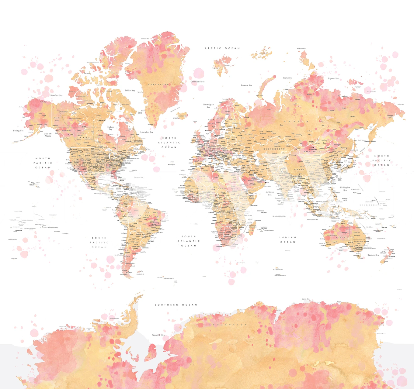 World map in soft peach and pink splashes wallpaper