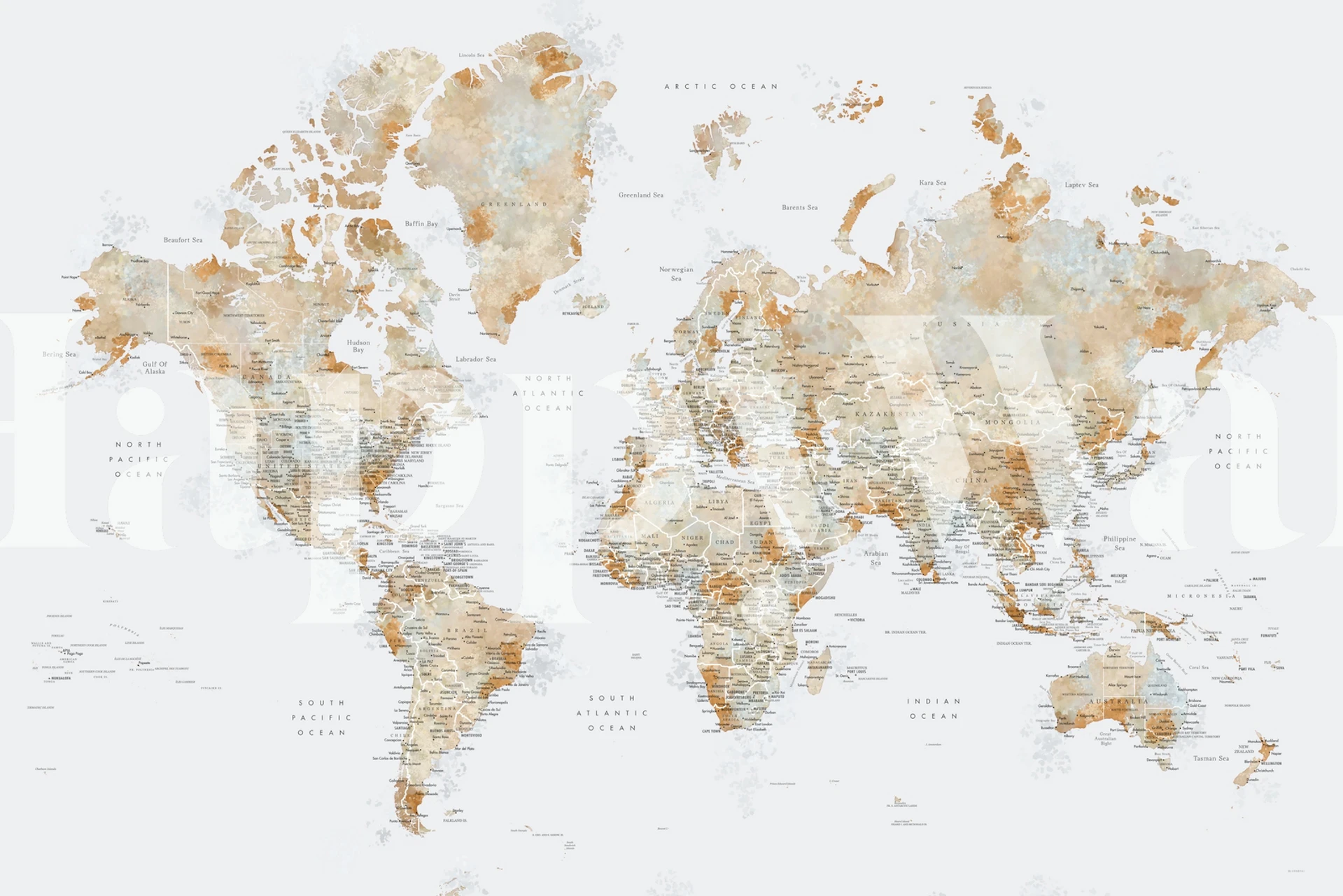Detailed world map in earth tones with light blue and tan colors wallpaper