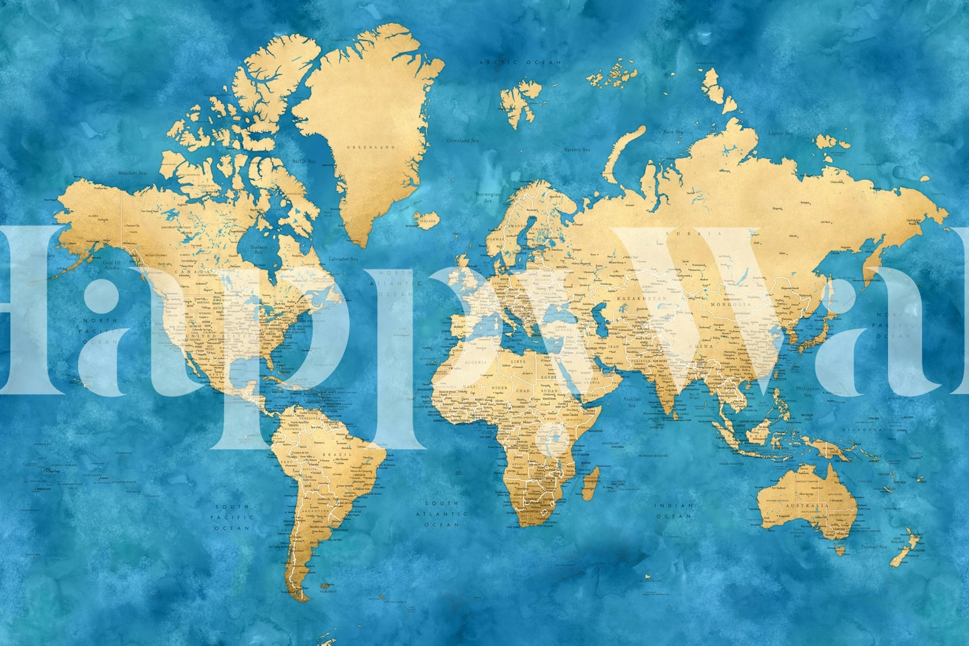 Gold detailed world map on a blue watercolor background wallpaper