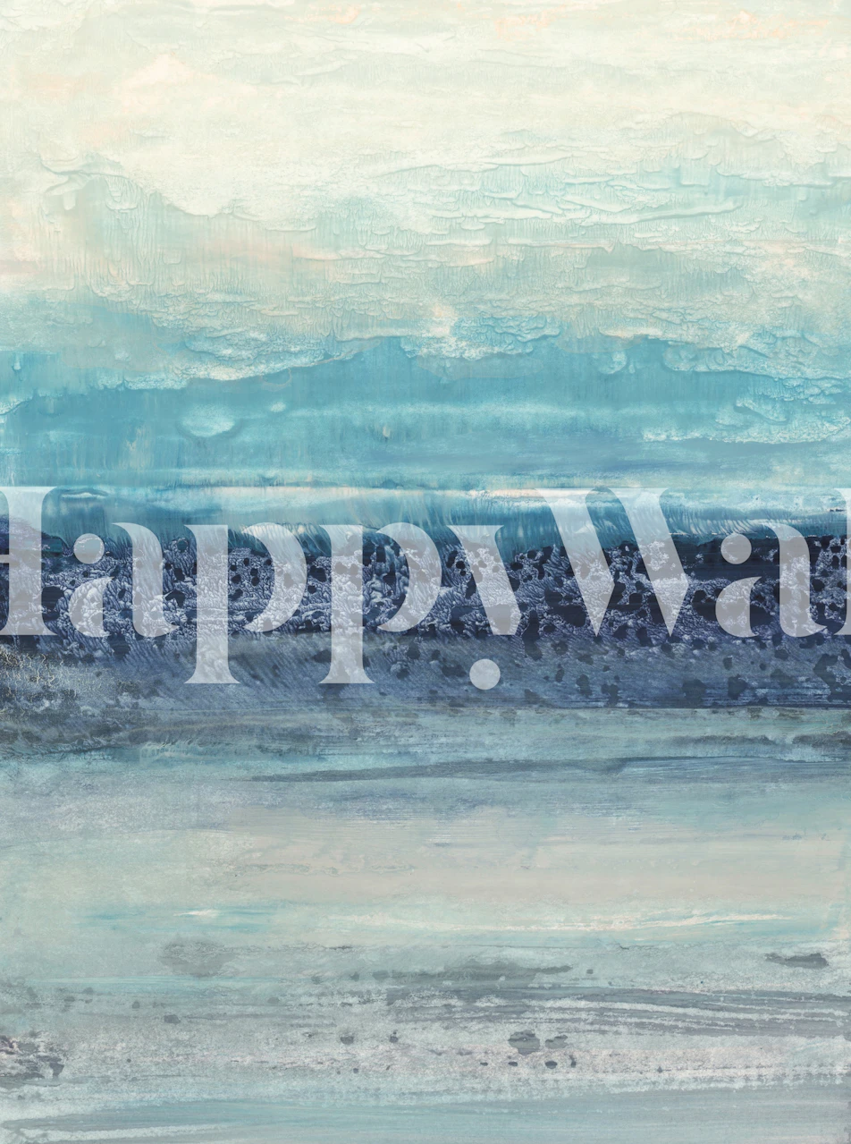 Papier peint mural abstrait bleu et gris serein ressemblant à un horizon océanique brumeux.