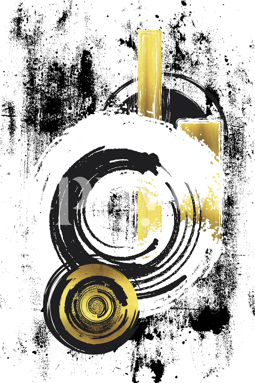 Abstract circular shapes in black and gold on a white background wallpaper