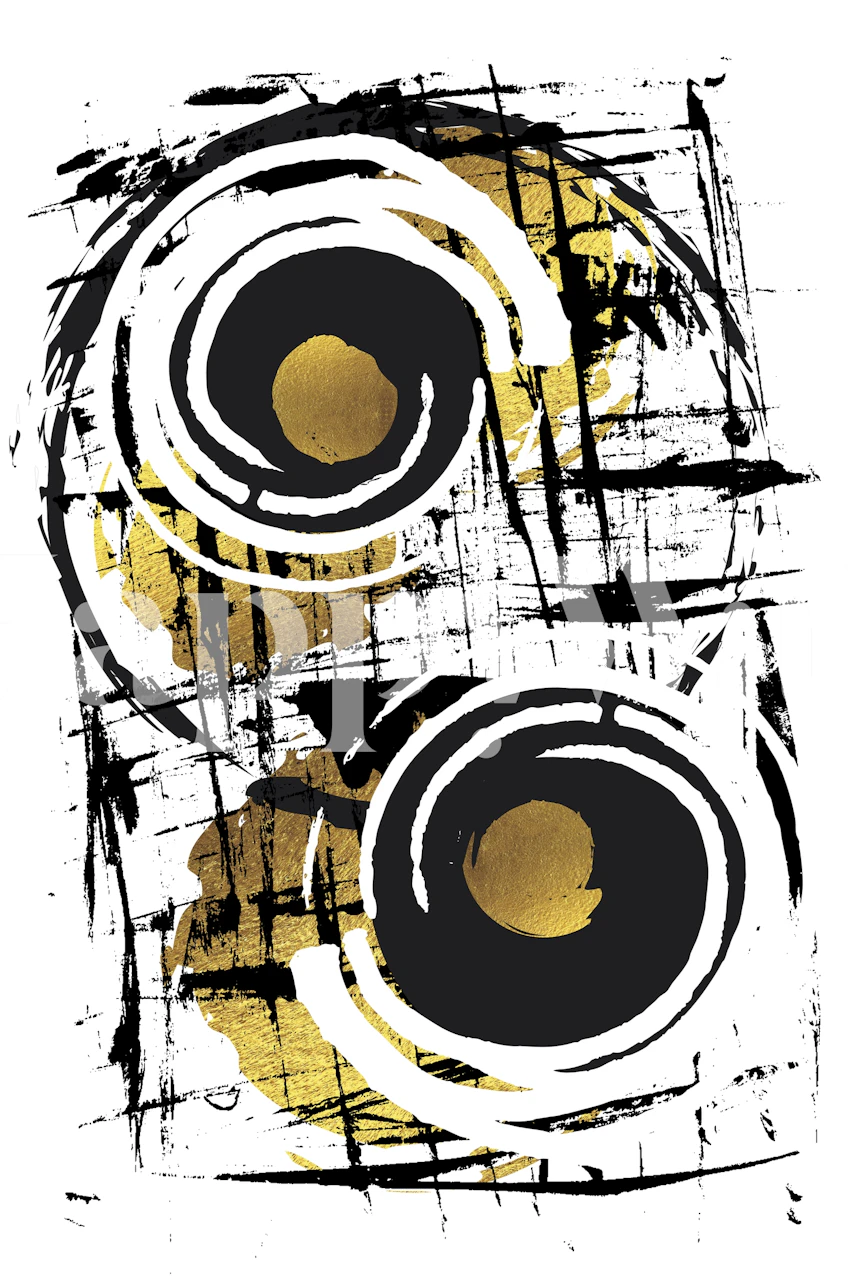 Arte Astratta Carta Da Parati Ipnotizzante Con Pennellate Nere E Cerchi Dorati Su Sfondo Bianco