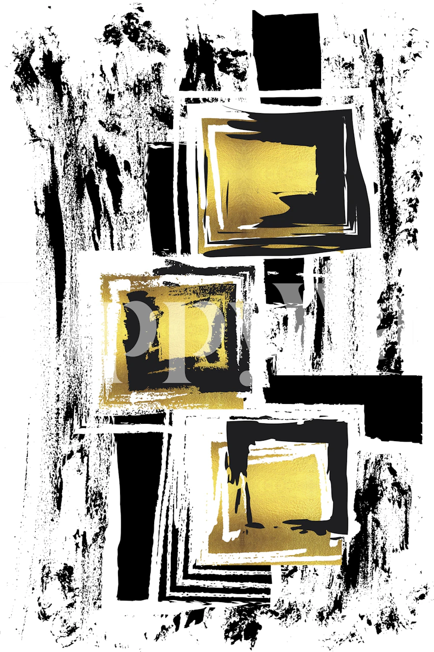 Modern abstract urban wall mural with black and gold geometric patterns