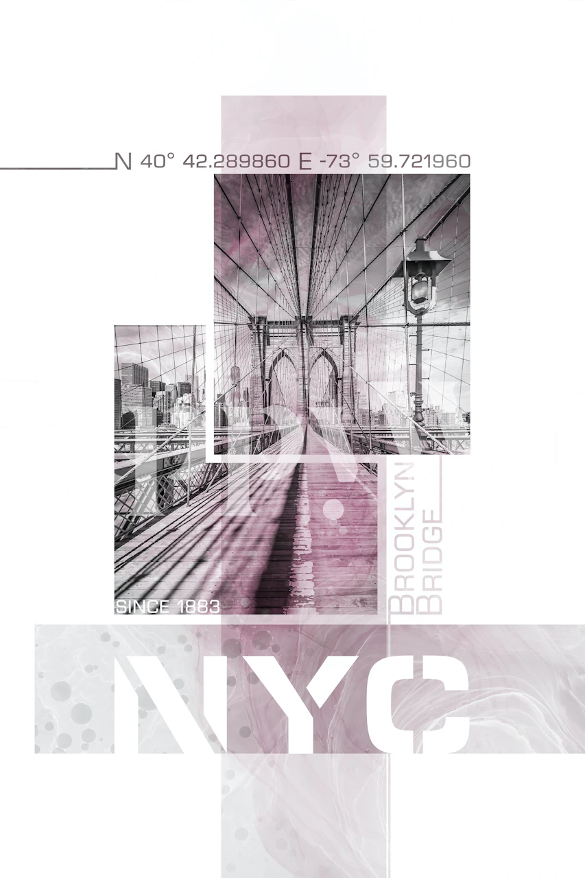 NYC Brooklyn Bridge pink wall mural with abstract design