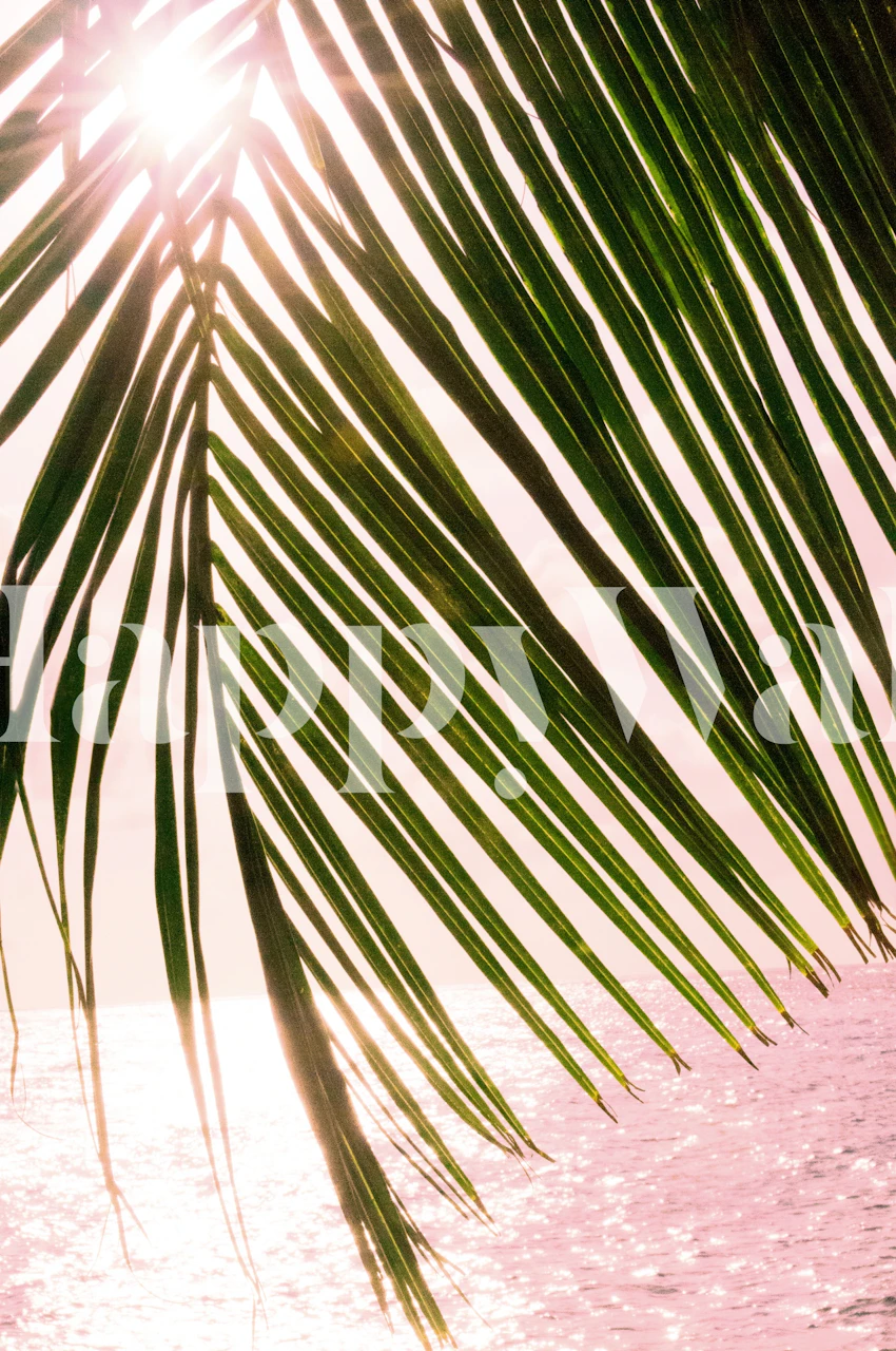 Tropischer Sonnenuntergang Ozean Palme 2 Wandbild mit Palmenblatt Silhouette gegen einen Sonnenuntergang