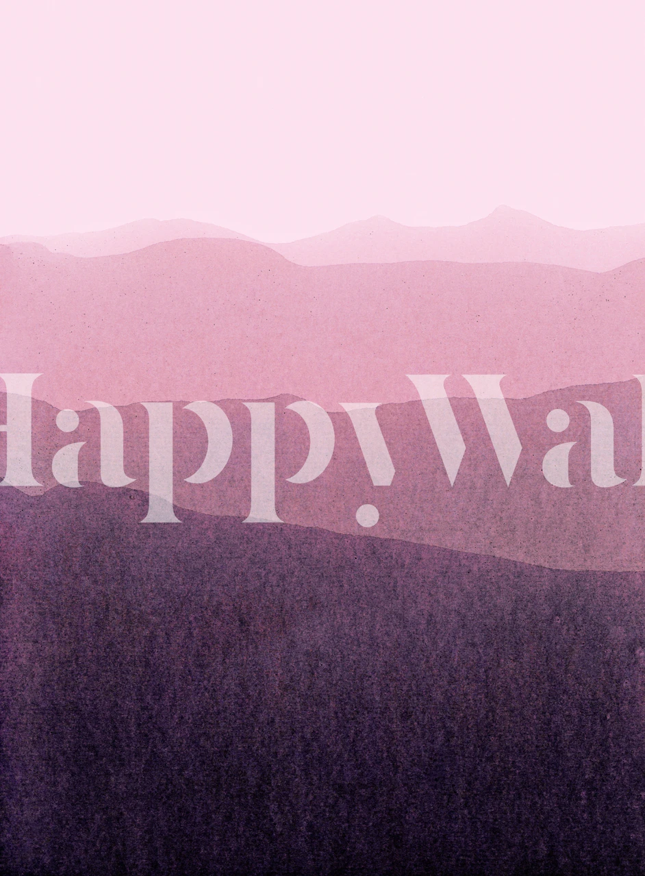 Seinämaalaus, joka esittää rauhallista kaltevaa maisemaa ja päällekkäisiä kukkuloita hämärässä vaaleanpunaisesta syvään purppuraan