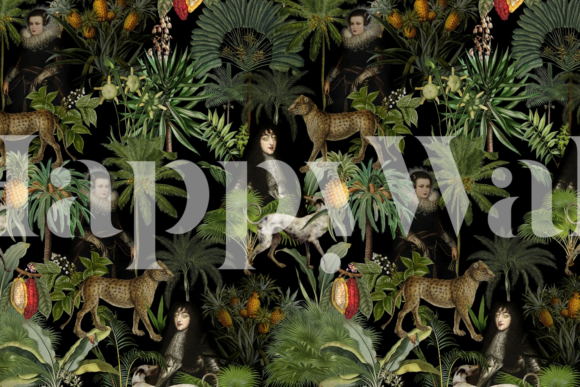 Tapetti, jossa on reheviä kasveja ja hahmoja