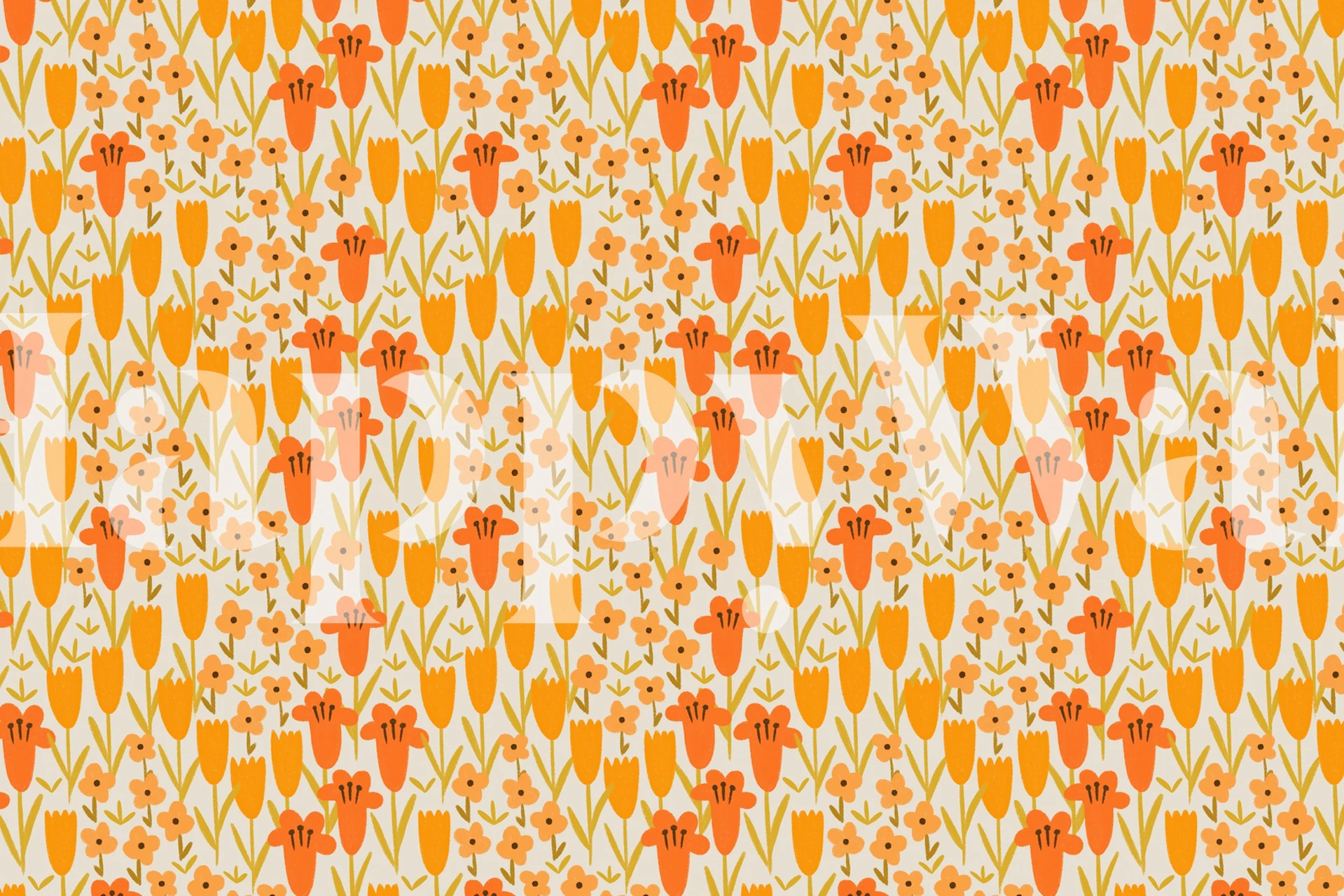 Orange floral pattern wall mural with green accents