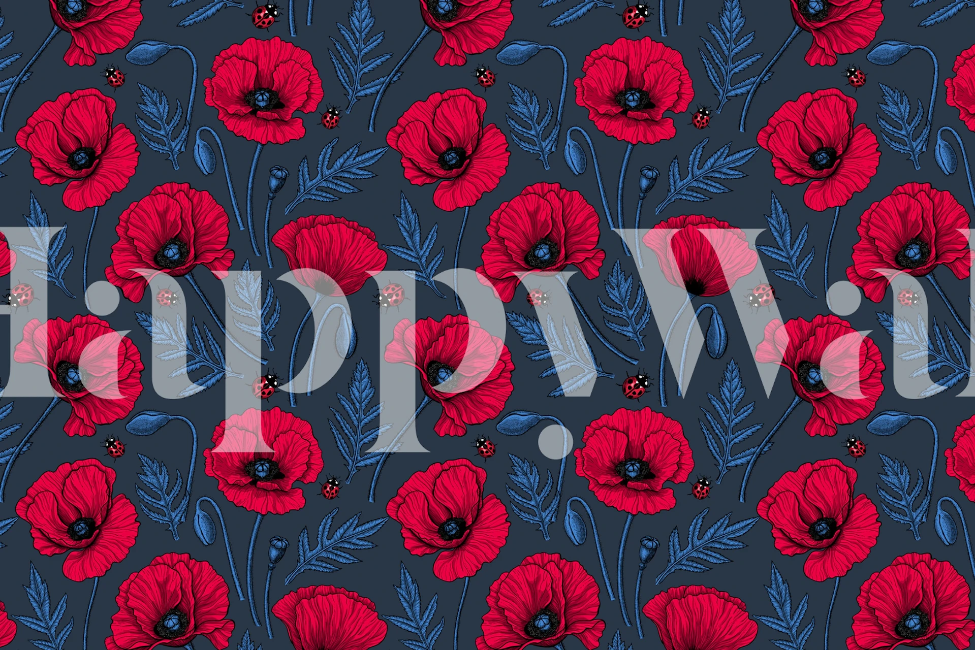 Eloisa seinämaalaus, jossa on punaisia unikkoja ja leppäkerttuja sinisellä pohjalla.